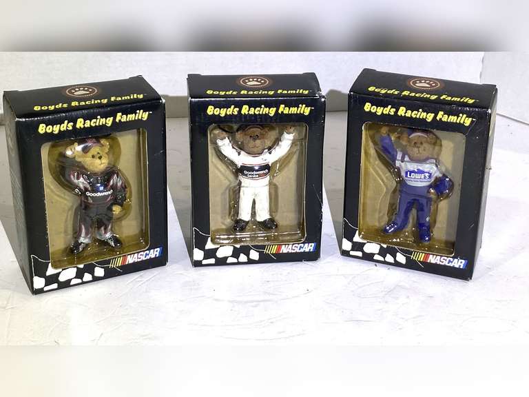 Boyd’s Bears Racing Family ornaments, three pieces, all are in original boxes, see pictures for details. image