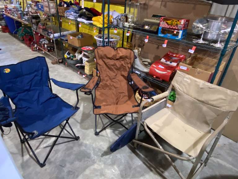 Folding camp chairs, three pieces, also includes two portable clothes hampers, see pictures for details. image