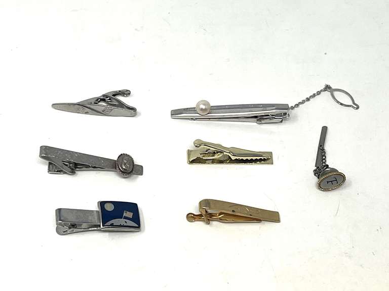 Tie tack assortment, seven pieces, includes a vintage Sarah Coventry moon landing tie clip, see pictures for details. image