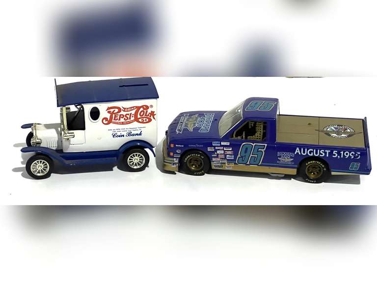 Brickyard 400 #95 racing truck replica, also includes a vintage Pepsi cola truck replica coin bank, see pictures for details. image