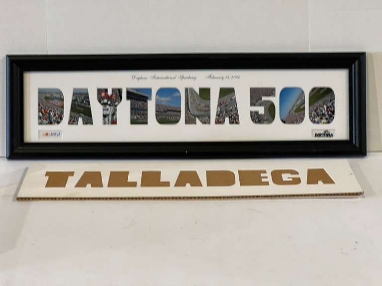 Framed “DAYTONA 500” with each letter containing images from the Daytona International Speedway, also includes Talladega stencil, see pictures for details. image
