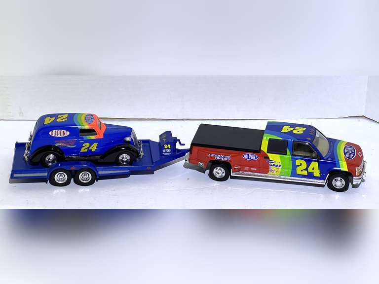 #24 Jeff Gordon Chevy crew cab hauler with trailer replicas and DuPont car replica, see pictures for details. image
