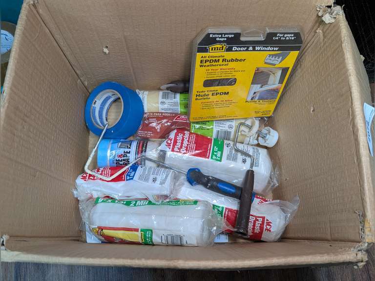 BOX LOT INCLUDING PAINT ROLLERS, PLASTIC DROP CLOTHS, RUBBER WEATHER SEAL, SANDPAPER, AND MORE image