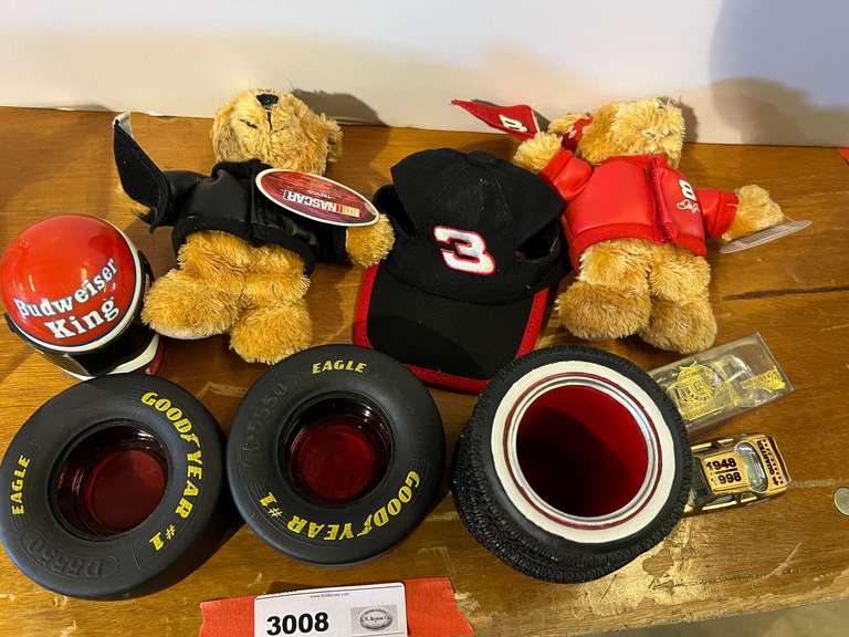 Assorted items to include novelty “tire” ashtrays and pen holder, Dale Earnhardt, and Dale Earnhardt Jr. NASCAR bears, Kenny Bernstein Mini Helmet Budweiser King, and more. See pictures for details. image