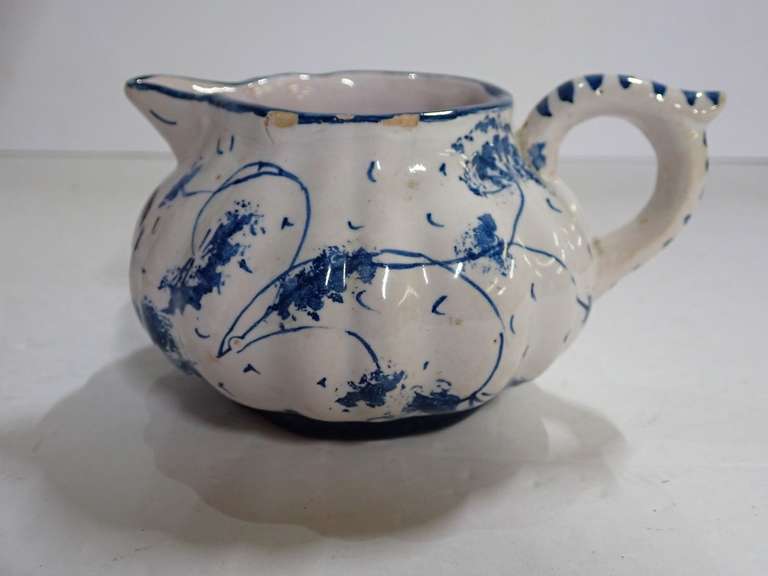 Italian Pottery Creamer Pitcher, White with Blue Floral Design w/ markings image