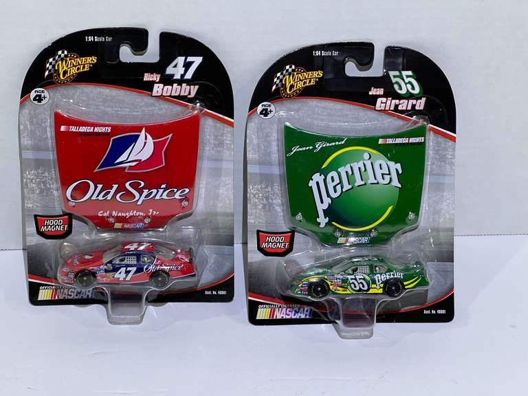 #47, and #55 diecast miniature stock car replicas, with hood magnets, two pieces, still in original packaging, see pictures for details. image
