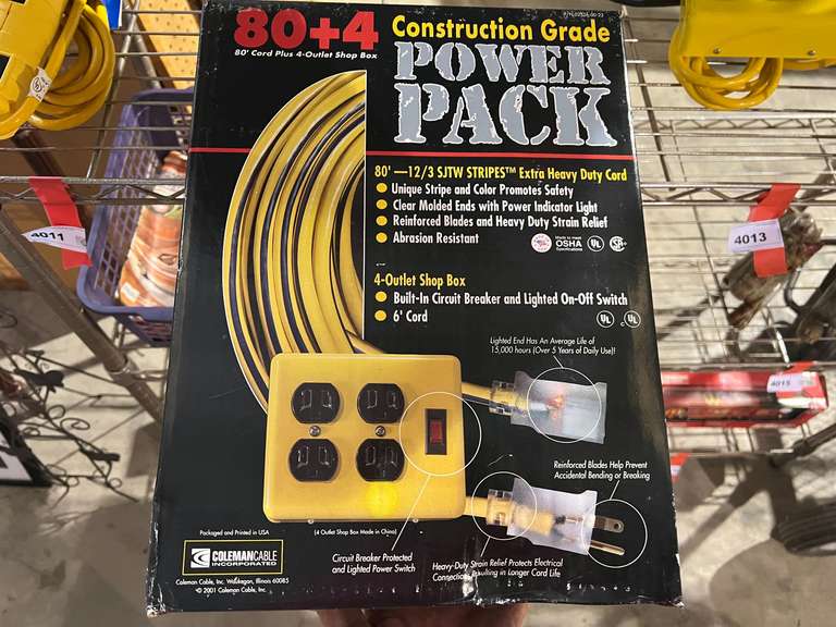 Construction grade power pack, with 80’ extra heavy duty cord, and a four outlet shop box with 6’ cord, see pictures for details. image