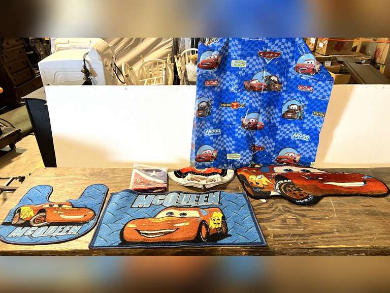 Lightning McQueen bathroom set with shower curtain, shower hooks, rugs, and more. See pictures for details. image