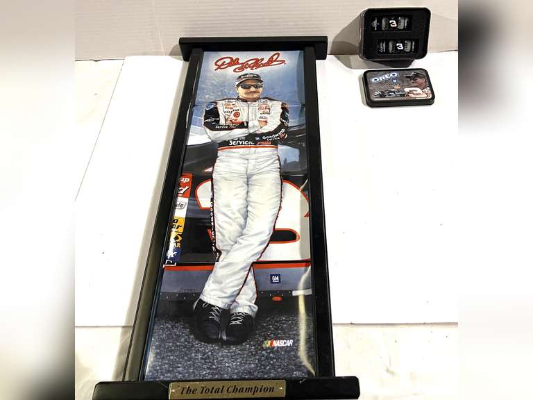 Dale Earnhardt framed ceramic plate collage, also comes with a collector tin with two diecast cars, see pictures for details. image