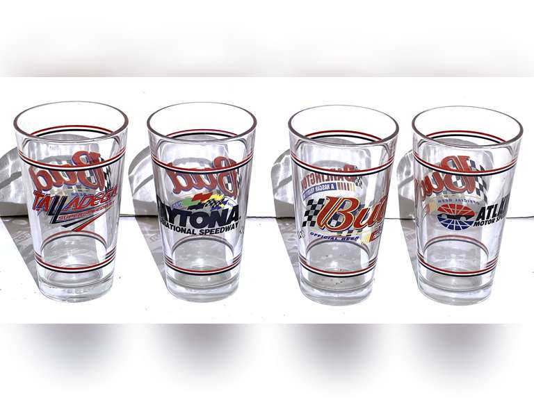 Budweiser racing logoed glassware, set of four, see pictures for details. image