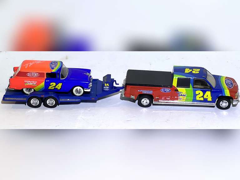 #24 Jeff Gordon Chevy crew cab hauler with trailer replicas and DuPont car replica, see pictures for details. image