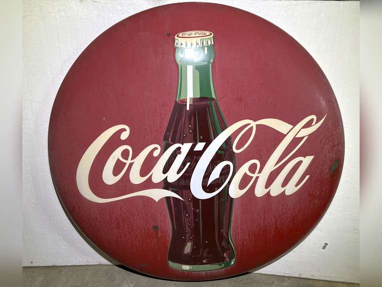 Vintage enameled metal Coca-Cola button sign, 48 inches, does have wear (enamel chipping), see pictures for details. image