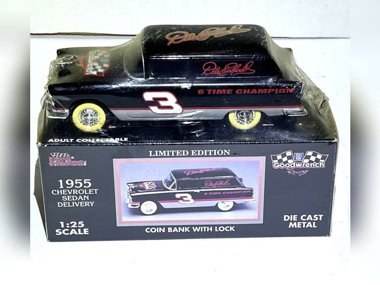 Dale Earnhardt 1955 Chevrolet sedan delivery car replica coin bank, this piece is still sealed, comes in original box, see pictures for details. image