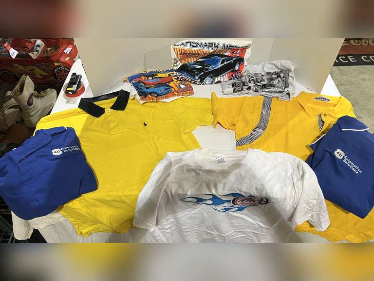 Polo style shirts, racing themed T-shirts, and more, approximately eight pieces, see pictures for details. image
