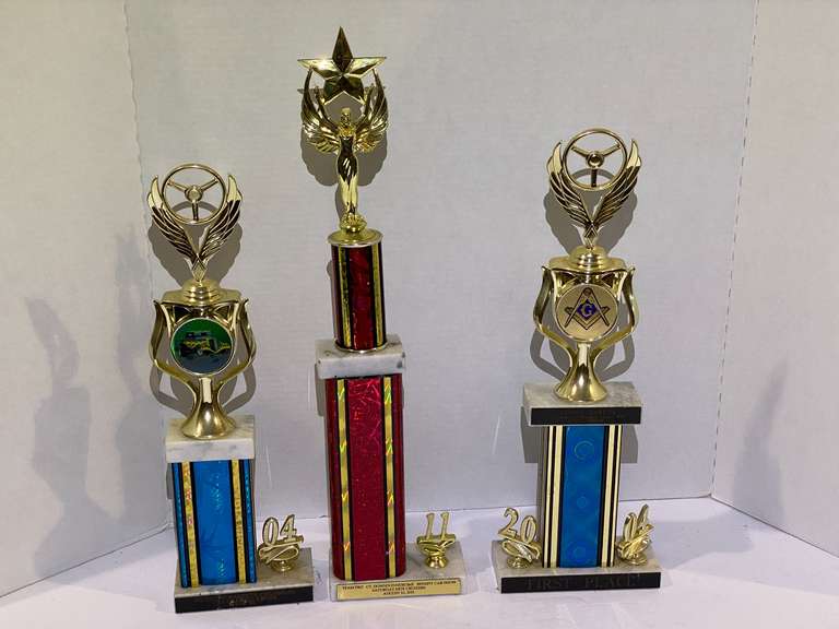 Car club trophies, three pieces, these trophies are in good shape and can be repurposed, see pictures for details. image