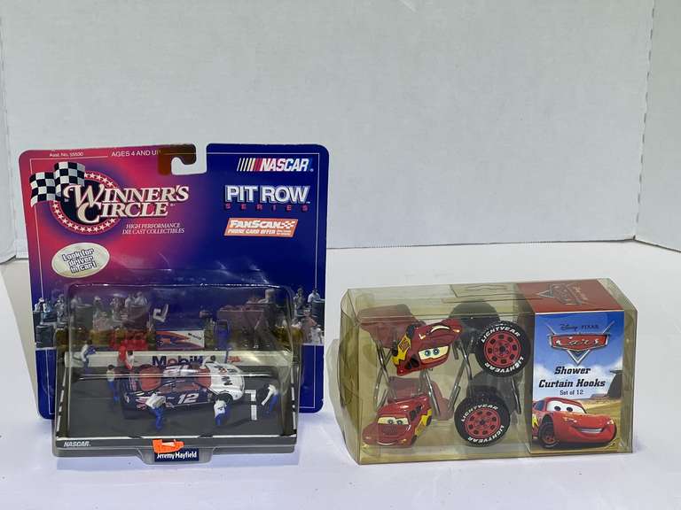 Disney Pixar Cars shower hooks, still in original packaging, also includes a Jeremy Mayfield diecast stock car/pit row, still in original packaging, see pictures for details. image