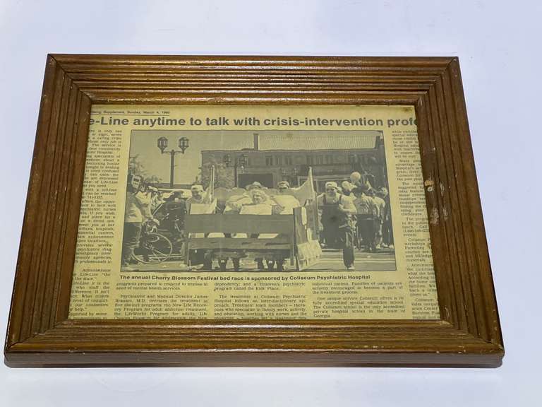 Framed, 1990 newspaper article featuring the annual Cherry Blossom festival bed race, see pictures for details. image