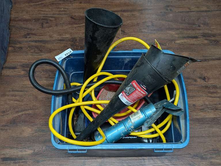 TUB WITH WITH INTEX AIR PUMP, LARGE FUNNELS, HAND FERTILIZER SPREADER, CAULK GUN, AND MORE image