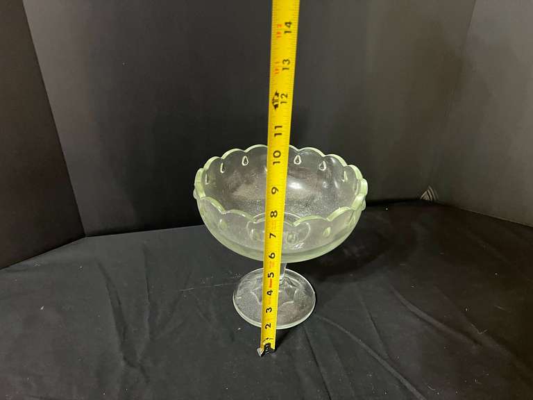 LR…Clear, teardrop pedestal glass bowl, believed to be vintage Indiana glass, see pictures for details.