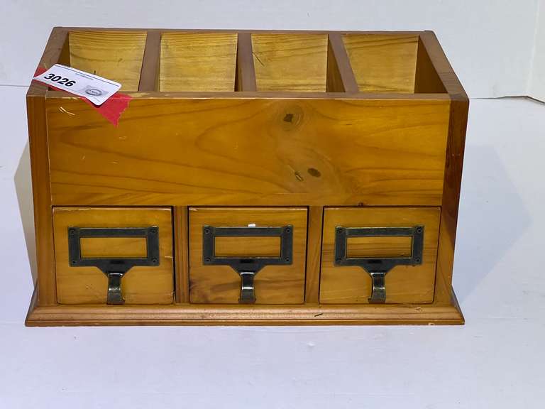 Wooden desk organizer, with content, see pictures for details. image