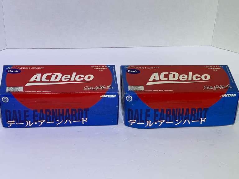 Dale Earnhardt, diecast stock car replica coin banks, set of two, Both come in original packaging, and appears to have been sold in Japan, see pictures for details. image