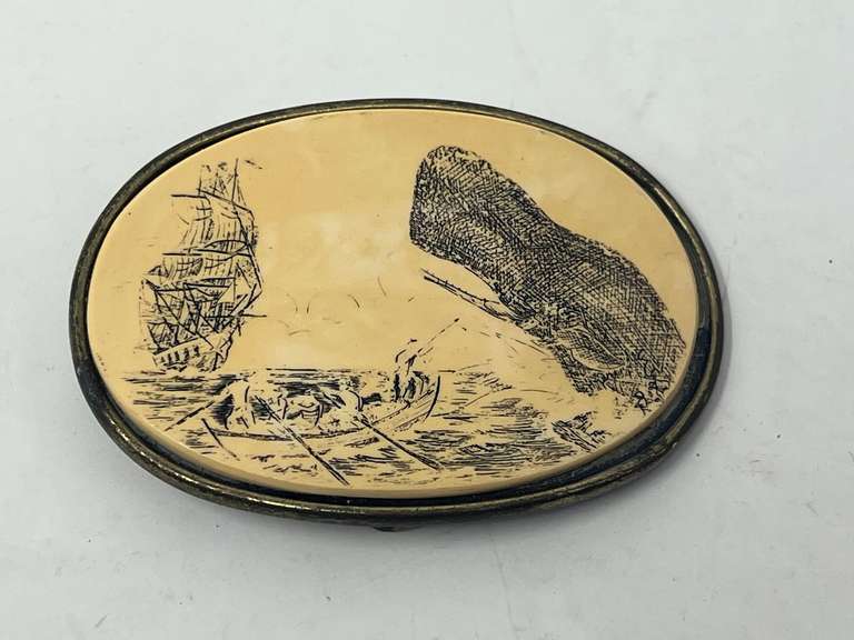 Vintage belt buckle depicting whaling, believed to be scrimshaw and brass, see pictures for details. image