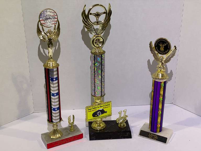 Car club trophies, three pieces, these trophies are in good shape and can be repurposed, see pictures for details. image