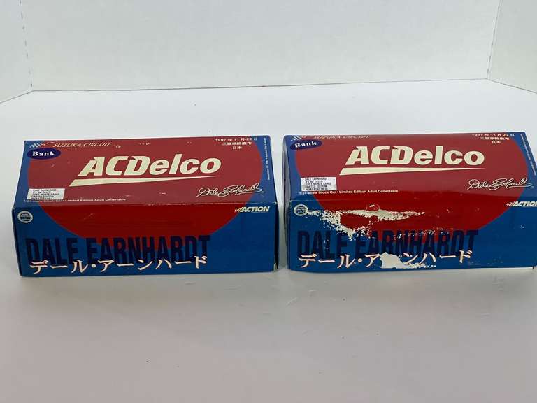 Dale Earnhardt, diecast stock car replica coin banks, set of two, Both come in original packaging, and appears to have been sold in Japan, see pictures for details. image