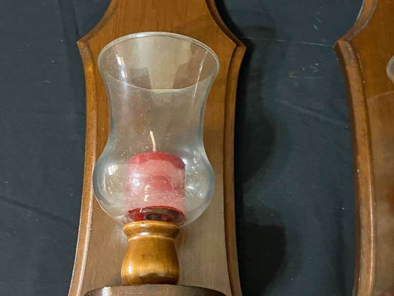 LR… Wood sconces candleholders with glass hurricanes, set of two, see pictures for details.