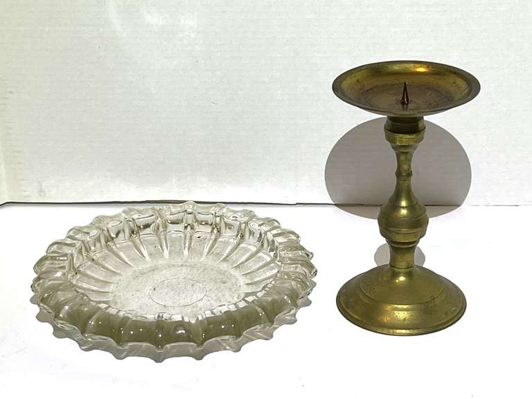 Brass finish pillar candle holder, also includes a large vintage glass ashtray, see pictures for details. image