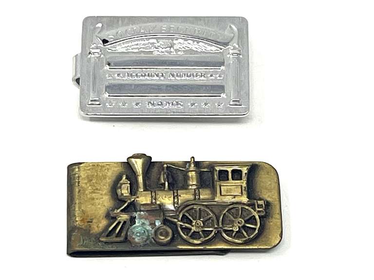 Vintage silver tone money clip, made to resemble a SS card, also includes a solid brass money clip with railroad motif, see pictures for details. image