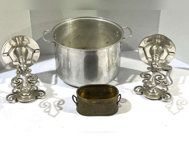 Ornate sconces candle holders, set of two, includes aluminum stock pot and small brass planter, see pictures for details. image