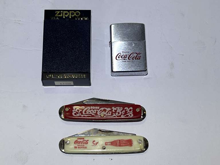Coca-Cola logoed zippo lighter, also includes Coca-Cola logo pocket knives, see pictures for details. image
