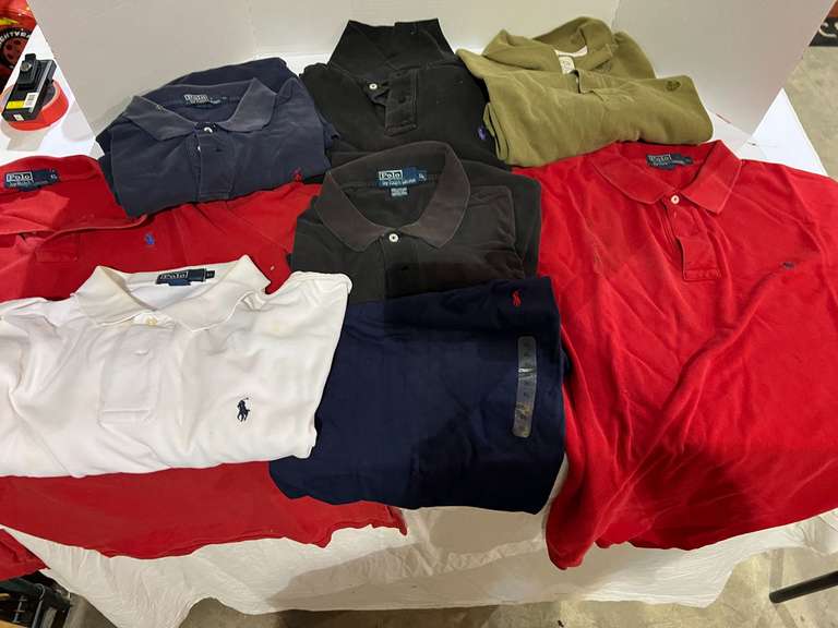 Assortment of polo style shirts, approximately seven pieces, see pictures for details. image