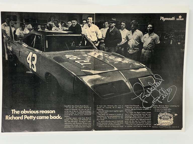 Plymouth poster featuring Richard Petty, #43. This piece is autographed, believed to be real,(not authenticated), please inspect for yourself, see pictures for details. image