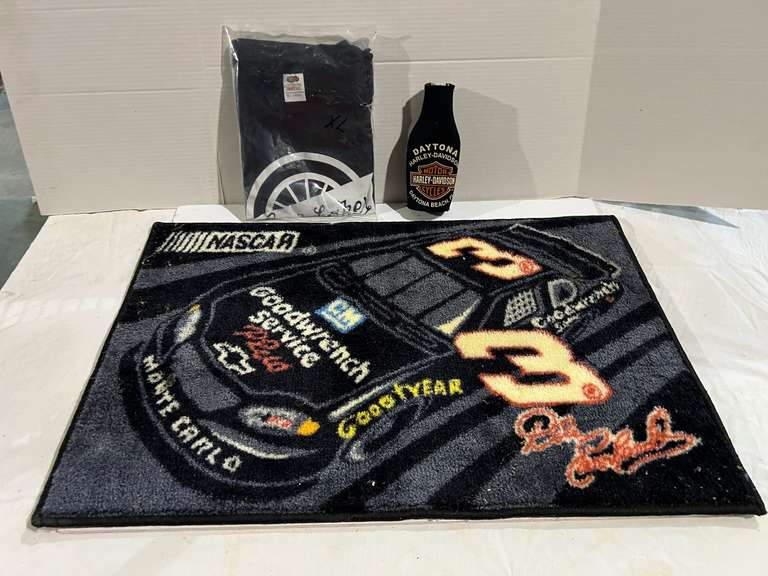 NASCAR #3 area rug, Fruit of the Loom logoed T-shirt, still in sealed package, and a Harley Davidson koozie, see pictures for details. image
