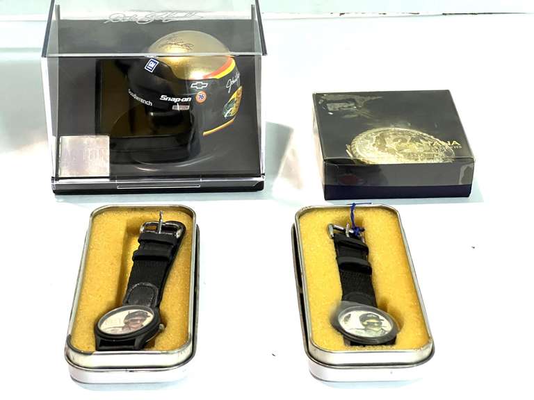 Montana Silversmith #24 belt buckle, two Sun Time Dale Earnhardt watches, and an Action Dale Earnhardt helmet replica, see pictures for details. image