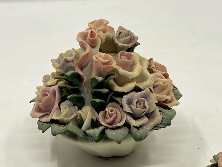 LR… Vintage ceramic rose bouquet basket with matching candlestick holders, three pieces total, there is some slight chipping present, see pictures for details.