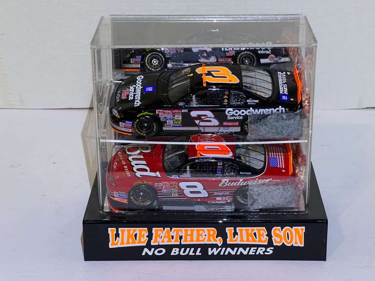 “Like Father, Like Son” Dale Earnhardt, and Dale Earnhardt Jr.  #8 and #3 stock car replicas with display cases, see pictures for details. image