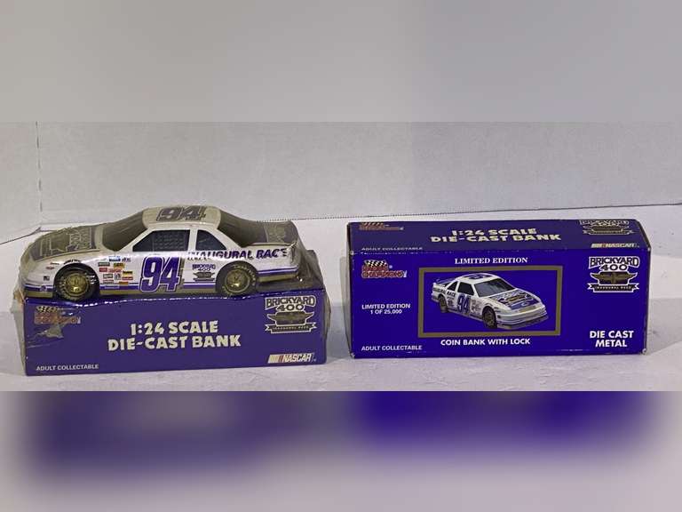 #94, two diecast stock car replicas coin banks, both are still in original packaging, see pictures for details. image
