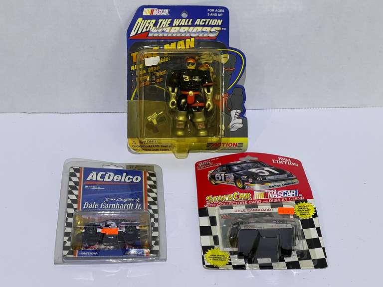 Diecast stock car miniature replicas, featuring Dale Earnhardt, 2 pieces, also includes an Over The Wall Action Warrior figurine, all pieces are still in original packaging, see pictures for details. image