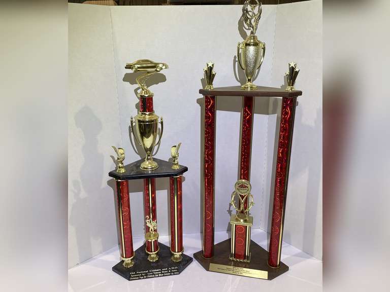 Car club trophies, two pieces, these trophies are in good shape and can be repurposed, see pictures for details. image