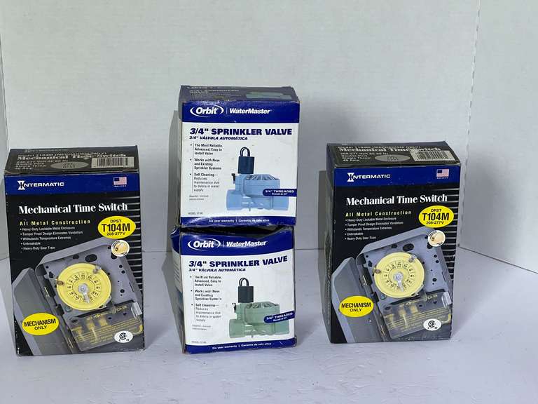 Sprinkler valves, and Mechanical Time switches, two boxes of each, working condition unknown, see pictures for details. image