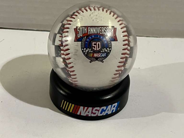 NASCAR 50th anniversary logoed baseball with ball cover and stand, see pictures for details. image