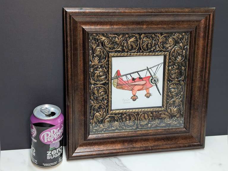 NICELY FRAMED SIGNED ART, OLD AIRPLANE