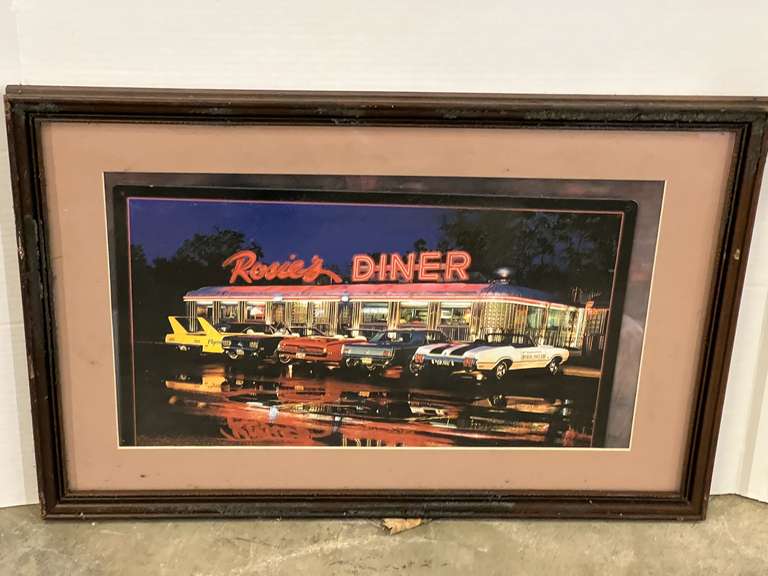 Framed and matted “Rosie’s Diner” featuring muscle cars, see pictures for details. image