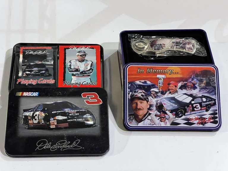 Dale Earnhardt playing cards with collectible tin and a Dale Earnhardt commemorative pocket knife with collectible tin, see pictures for details. image