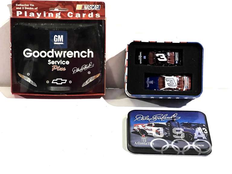 Dale Earnhardt collector tins with diecast miniatures, and playing cards, see pictures for details. image