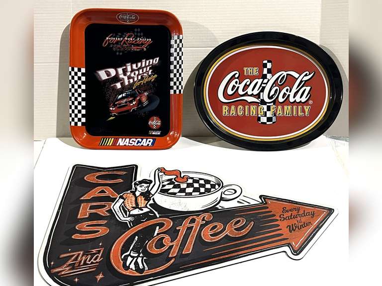 Coca-Cola racing trays, two pieces, also includes a Cars/Coffee sign, see pictures for details. image