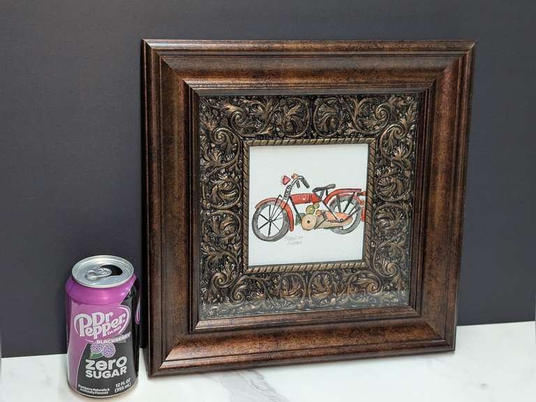 NICELY FRAMED SIGNED ART, OLD MOTORCYCLE